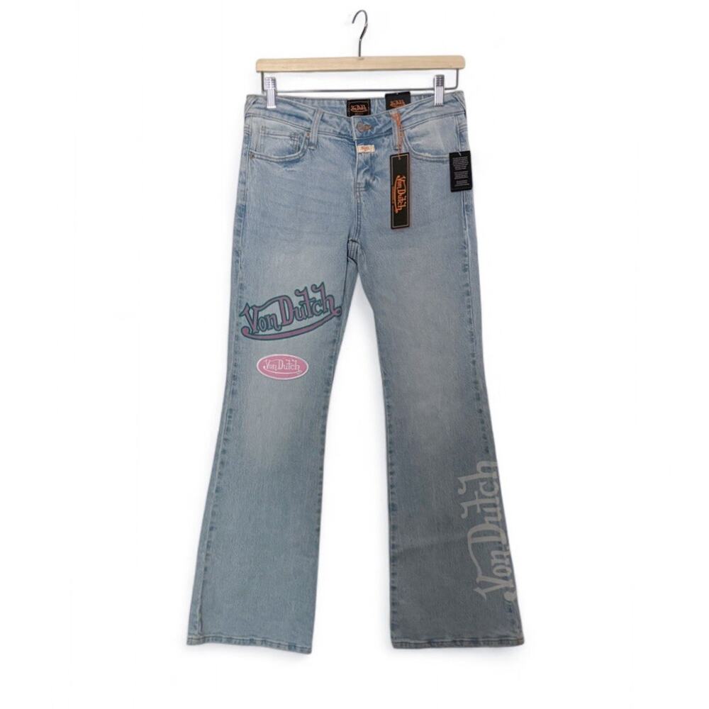 NWT Von Dutch Light Wash Flare Jeans 26 Low Rise Embroidered Y2K, McBling